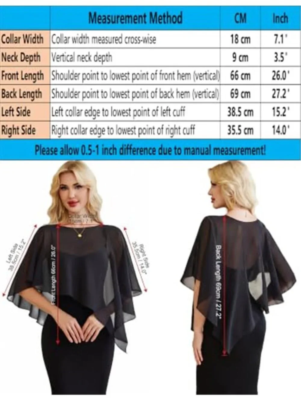 Women Chiffon Capelet Batwing Sleeve Wedding Shawl Sheer Cover Up